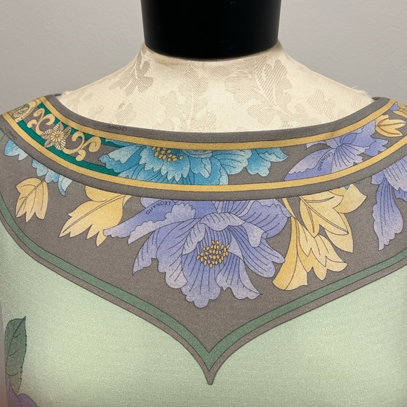 Vintage Leonard Paris Light Green Floral Sleeveless Dress Sz S - Picture 2 of 10